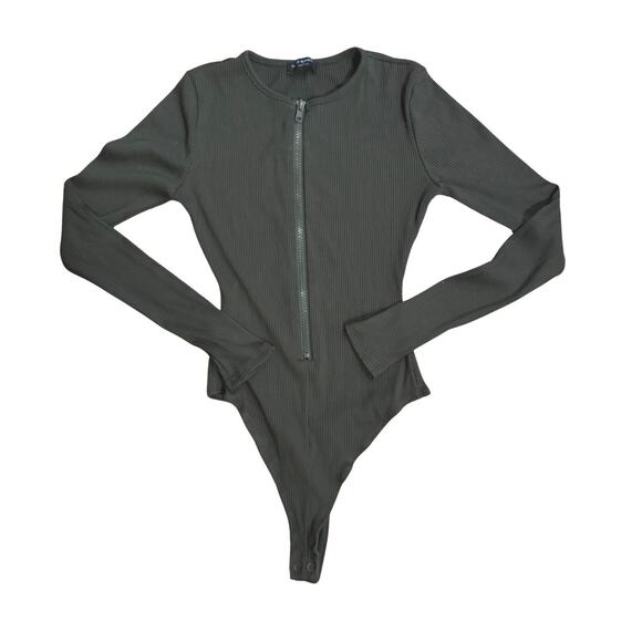 Naked Wardrobe Ribbed Zip Front Bodysuit Military Green Size S - Picture 2 of 5